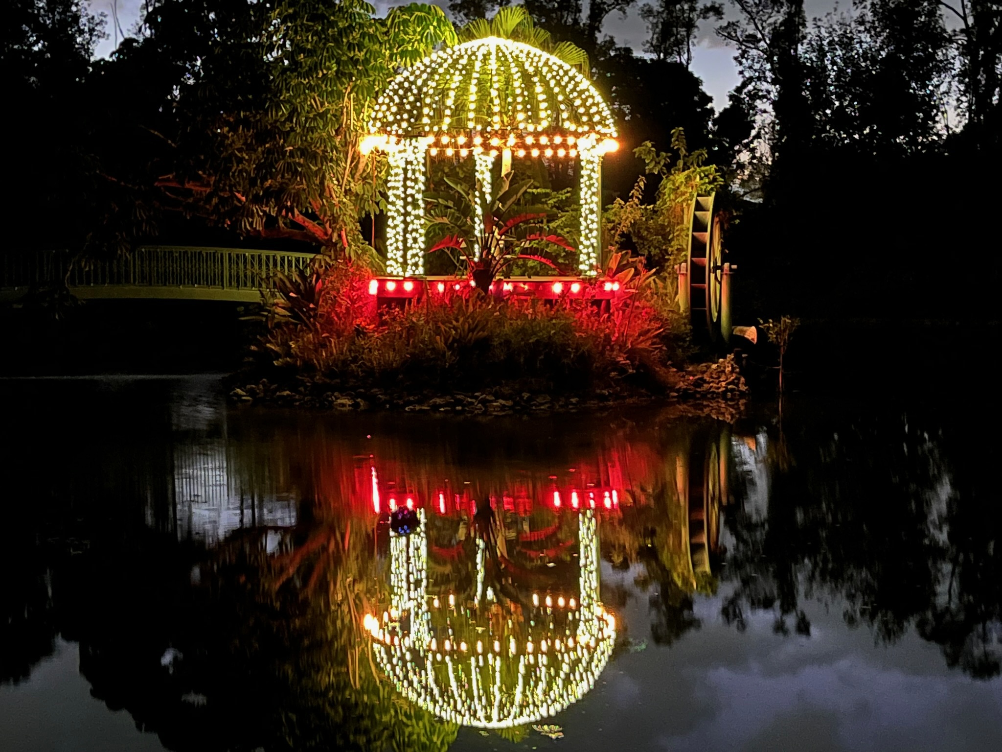 Island gazebo illuminated with holiday lights reflecting on the pond