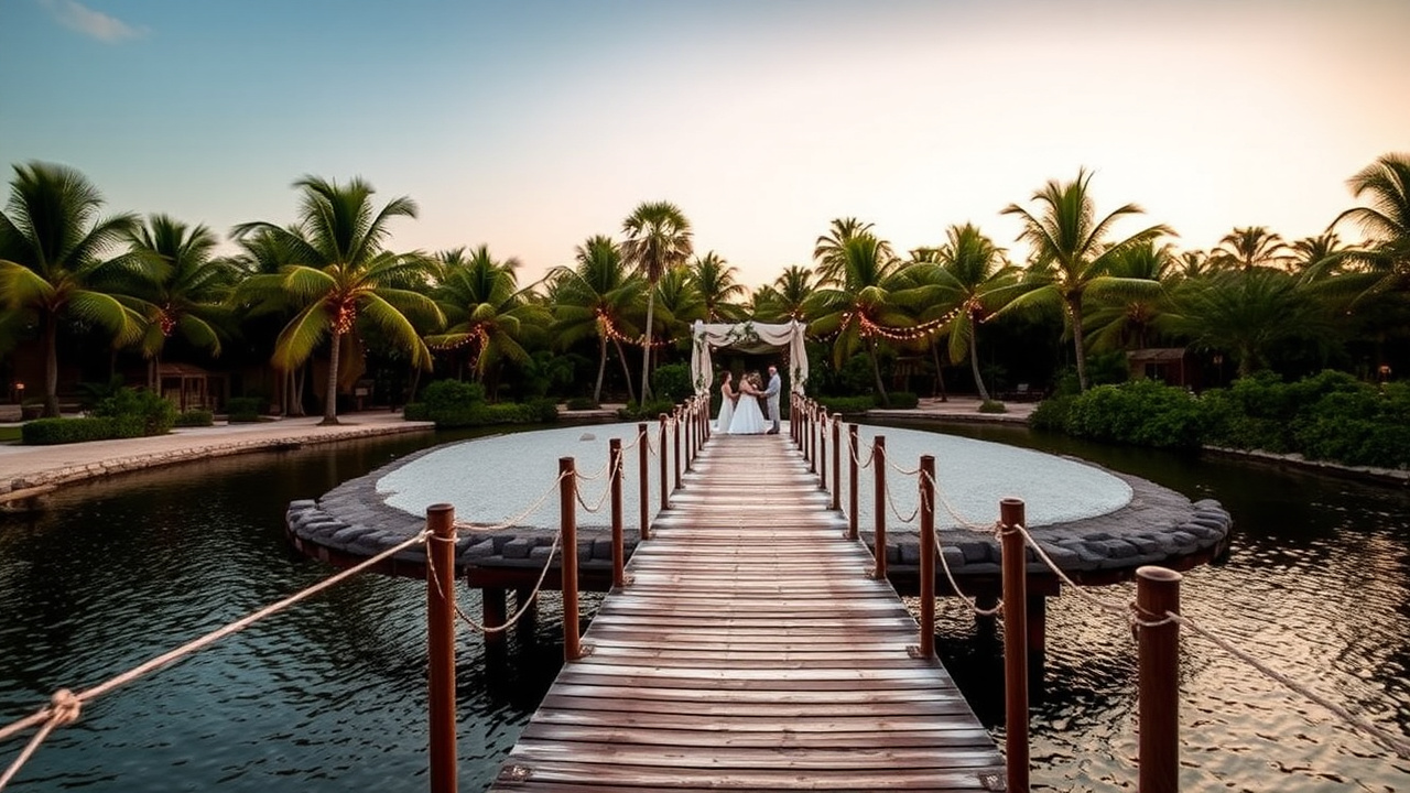 Island wedding venue with bridge and palm trees